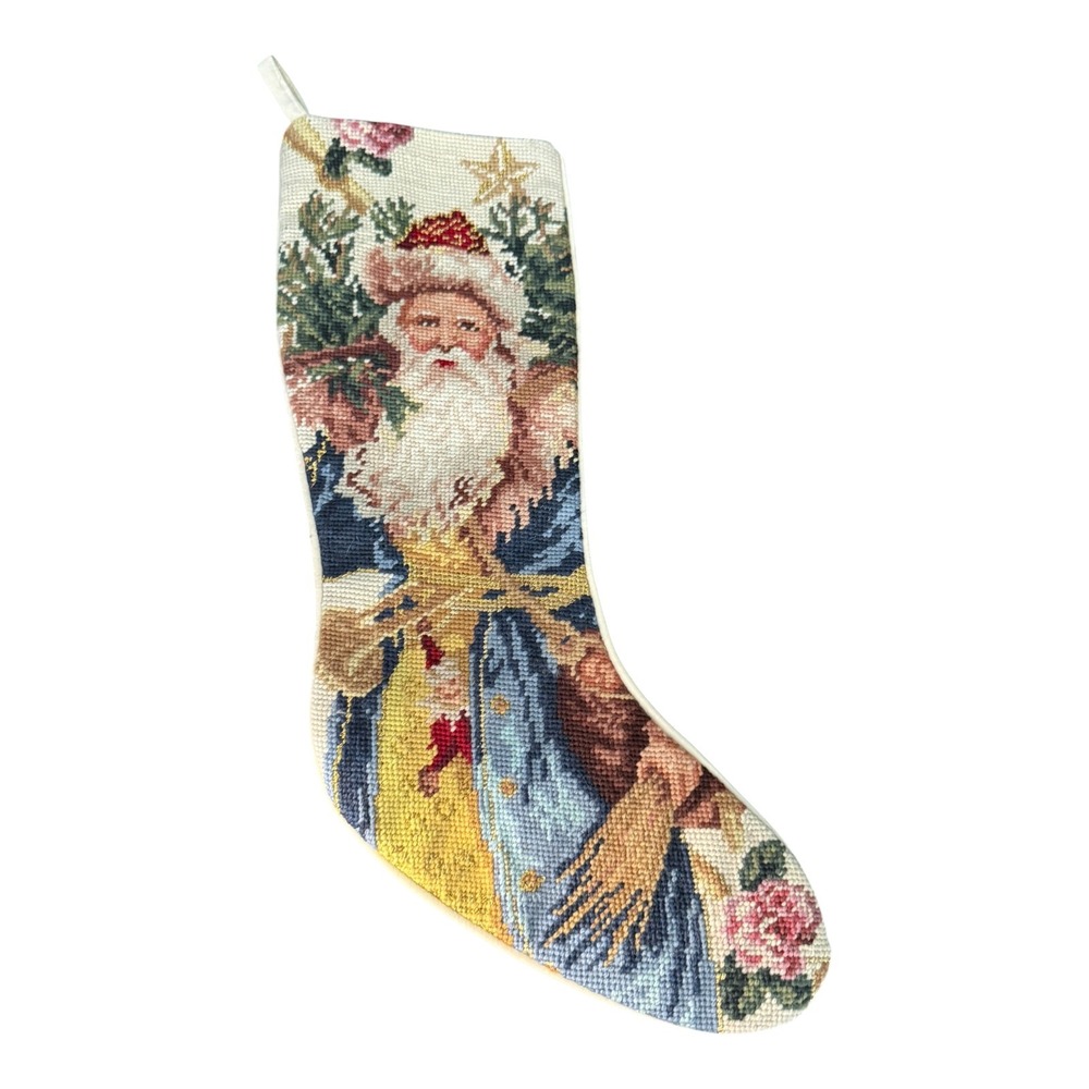 Vintage Needlepoint Father Christmas Santa Claus Stocking 20 Inch Blue Gold